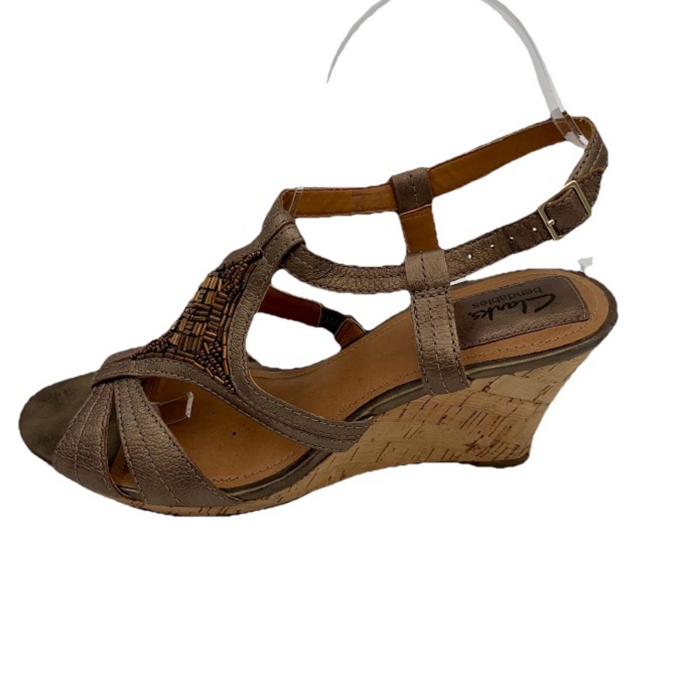 Clarks Bendables sz 8 Bronze‎ Leather Beaded Cork Wedge Sandals Dressy Strappy